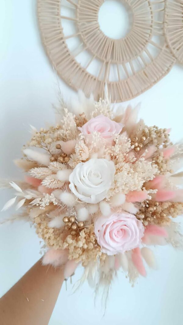 bouquet de mariage en fleurs séchées - Mariage , bouquet de fleurs rose et blanc avec rose éternelle