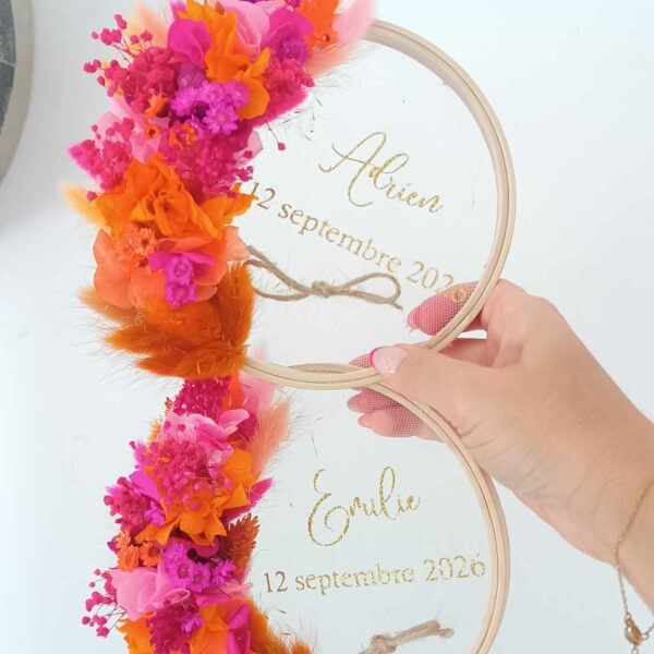 porte alliance en fleurs séchées avec anneau et bague pour mairie ou église