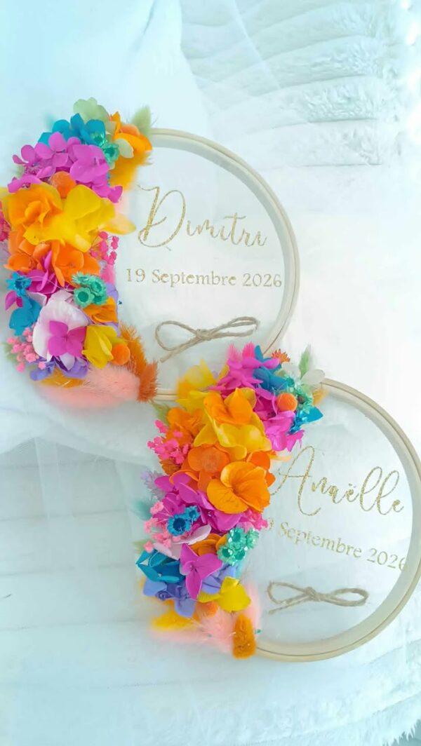 porte alliance en fleurs séchées personnalisé mariage avec prénom