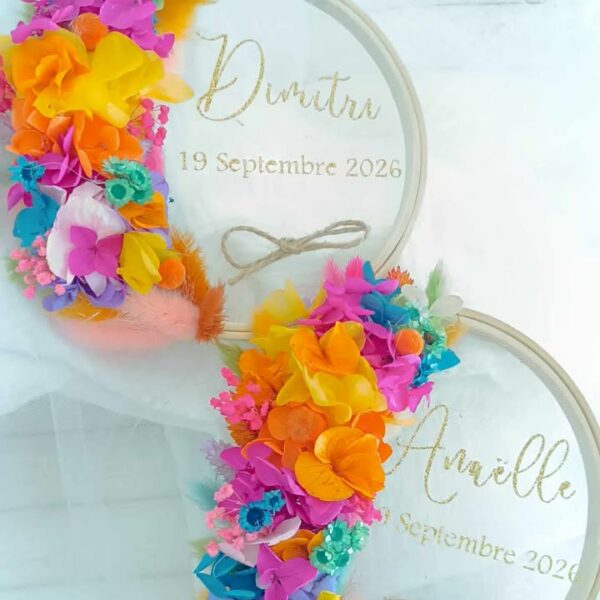 porte alliance en fleurs séchées personnalisé mariage avec prénom