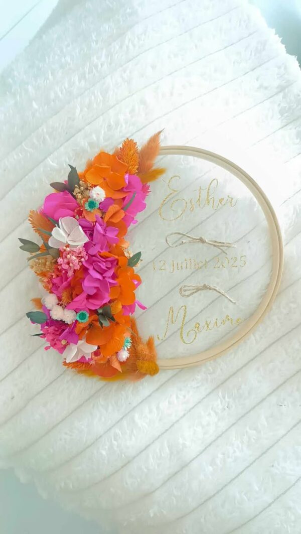 porte alliance en fleurs séchées orange fuschia vert et role pale mariage - prénom personnalisé