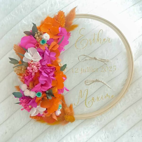 porte alliance en fleurs séchées orange fuschia vert et role pale mariage - prénom personnalisé
