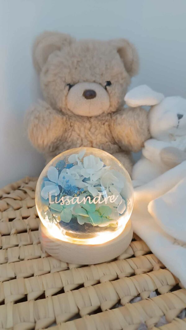 Veilleuse personnalisée, veilleuse en verre, veilleuse prénom enfant, fleurs séchées, décoration chambre enfant, cadeau naissance, lumière douce, veilleuse unique, cadeau personnalisé, veilleuse design.