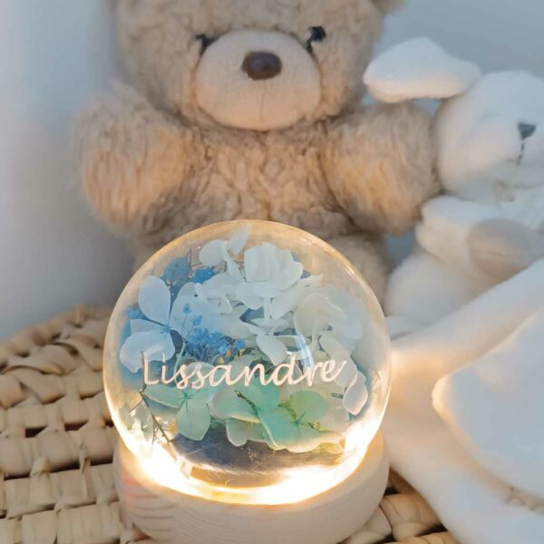Veilleuse personnalisée, veilleuse en verre, veilleuse prénom enfant, fleurs séchées, décoration chambre enfant, cadeau naissance, lumière douce, veilleuse unique, cadeau personnalisé, veilleuse design.