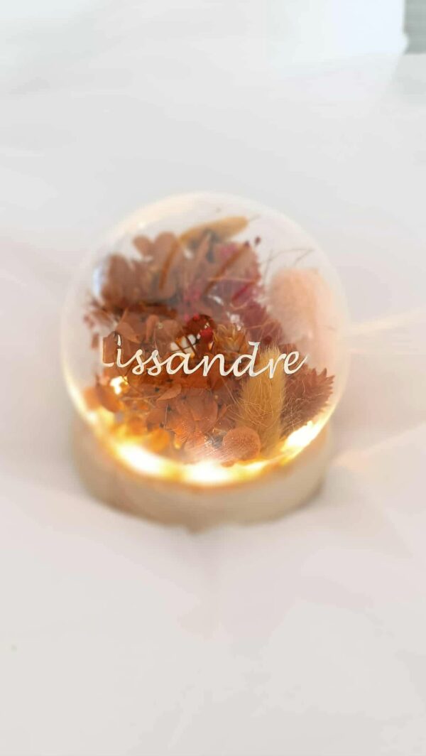 Veilleuse personnalisée, veilleuse en verre, veilleuse prénom enfant, fleurs séchées, décoration chambre enfant, cadeau naissance, lumière douce, veilleuse unique, cadeau personnalisé, veilleuse design.