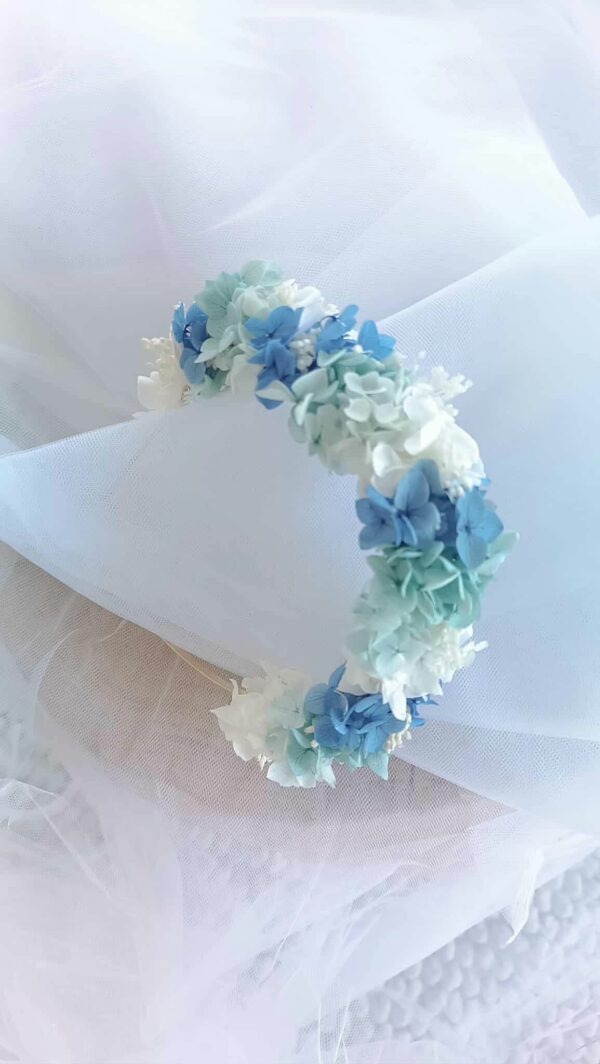 serre tête en fleurs séchées bleu et blanc mariage et accessoire cheveux