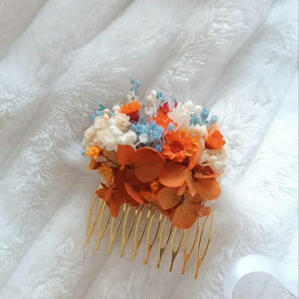 Peigne cheveux en fleurs séché pour mariage baptême - couleur  et orange bleu beige