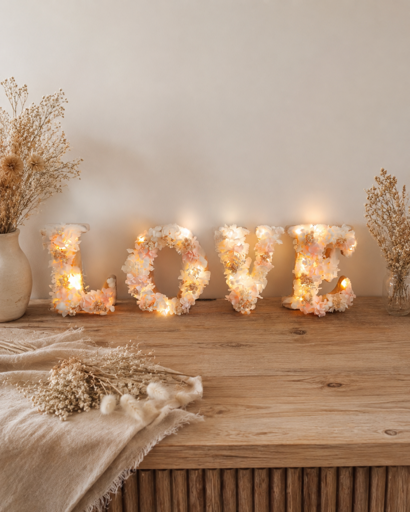 lettre lumineuse en fleur séchées. déo murale après mariage avec prénom ou mot love