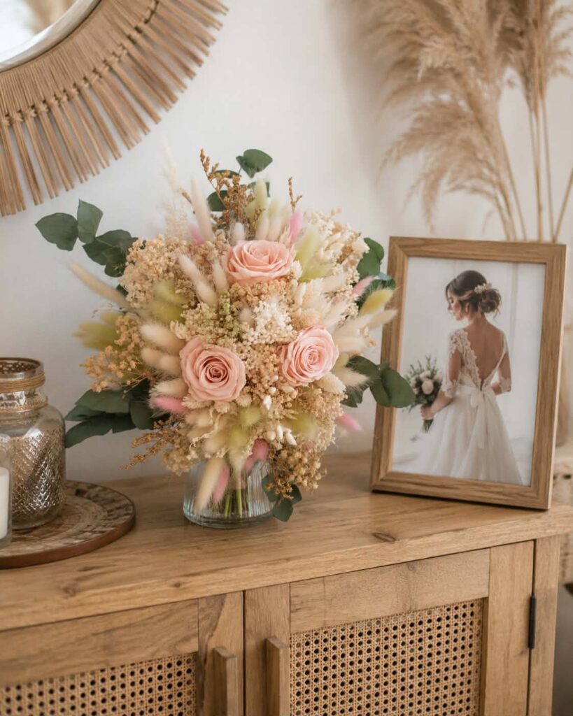 Bouquet de fleurs séchées mariage roses éternelle déco buffet à coté d'une photo de mariée