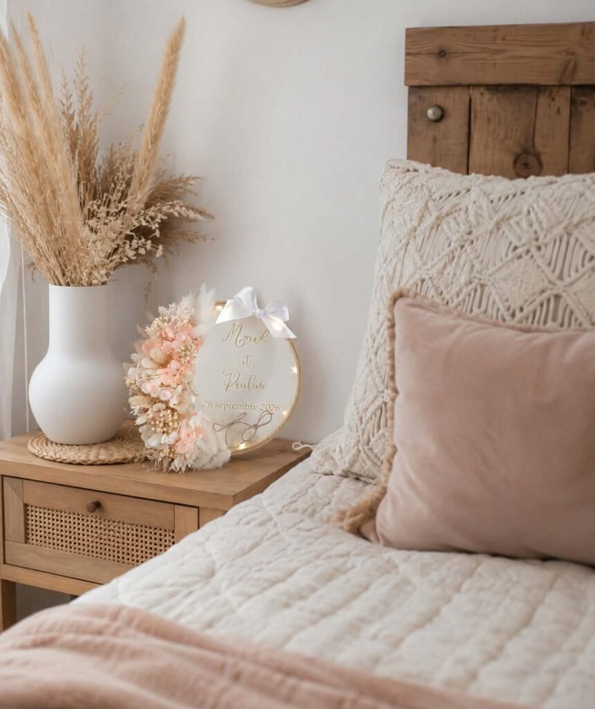porte alliance en fleurs séchées mariage dans une décoration de chambre bohême 