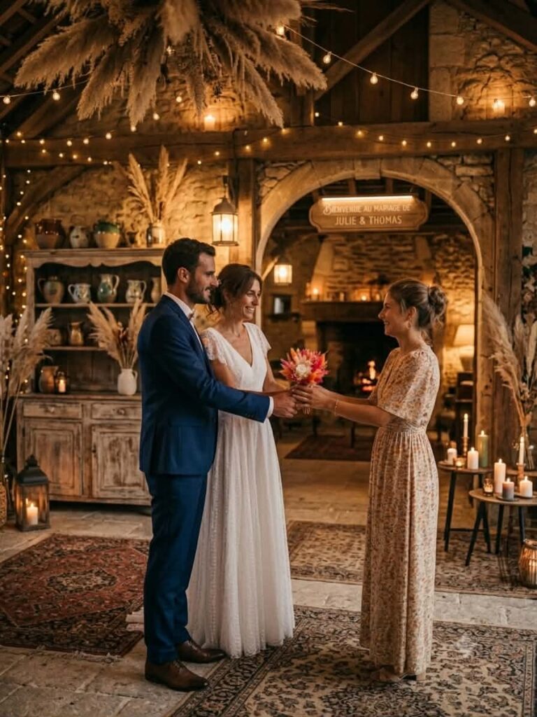 couple de mariée qui remercie et donne en souvenir lors de la fin de la soirée, un bouquet de fleur séchée à son invité qui pourra le garder en souvenir