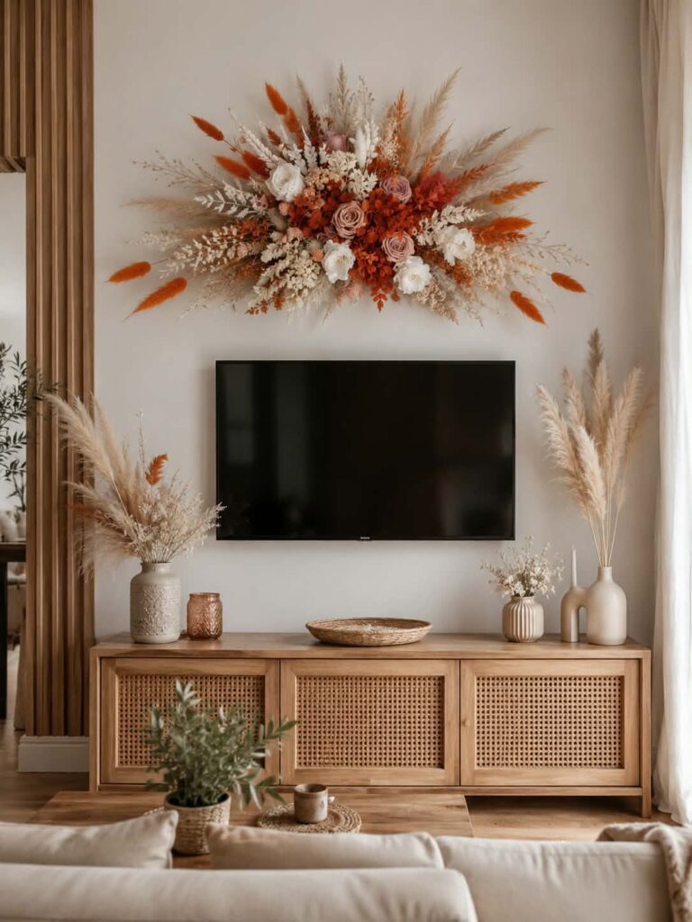 décoration murale en fleurs séchées au dessus de la tv. Décoration souvenir après mariage