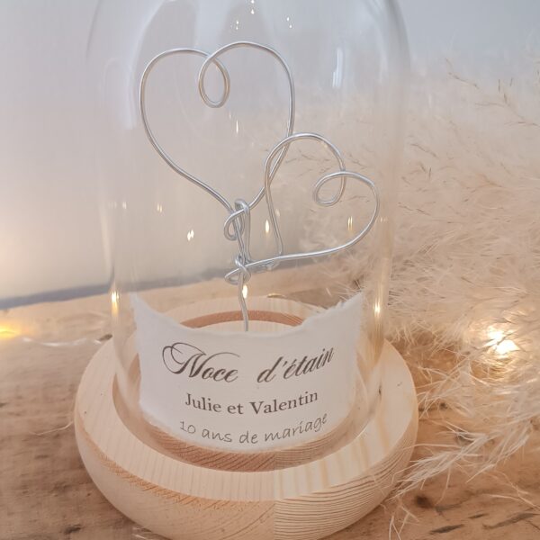 Cloche en verre et étain cadeau 10 ans de mariage Cloche en verre noces d'étain Détail étain cloche cadeau anniversaire mariage Cadeau 10e anniversaire de mariage sous cloche Cloche décorative en verre et étain pour noces d'étain