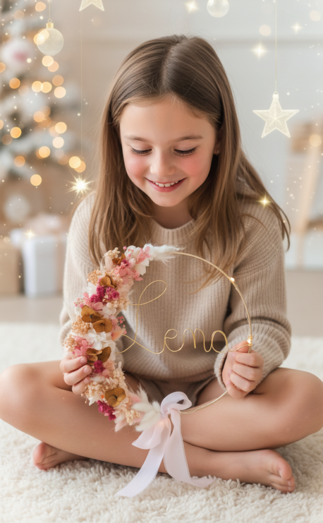 couronne prénom personnalisé avec son prénom . cadeau idéal pour fille et décoration chambre enfant girly - couronne de fleurs séchées avec prénom- cadeau noël anniversaire baptême et anniversaire - cadeau fait main et personnalisé