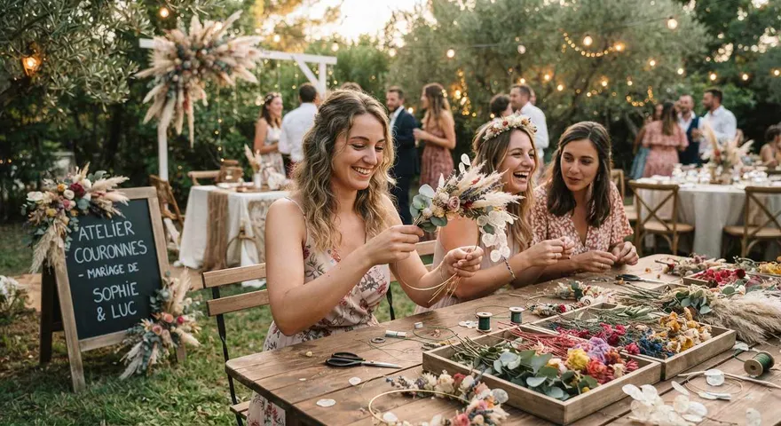 atelier couronne de fleurs lors d'un mariage
