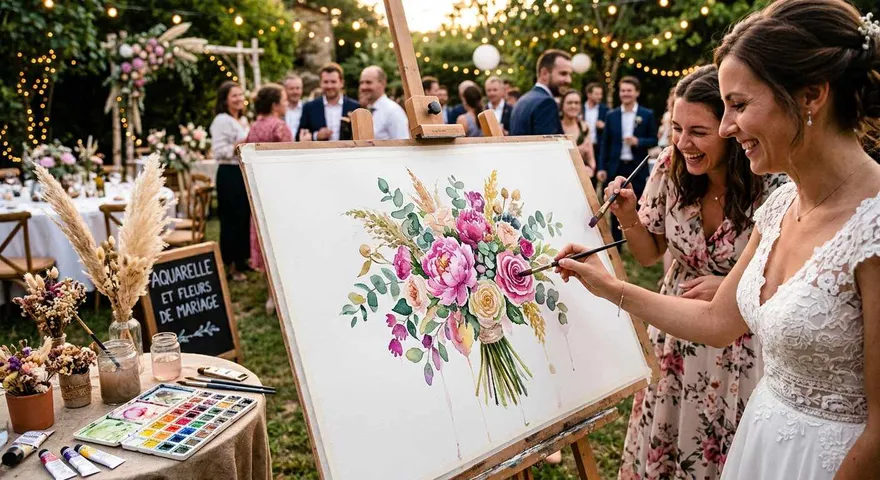 animation mariage avec aquarelle peinture en fleurs séchées