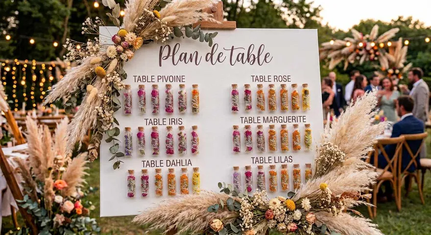 plan de table personnalisé avec prénom des invités sur fiole en verre et insertion de fleurs séchées. cadeaux souvenirs