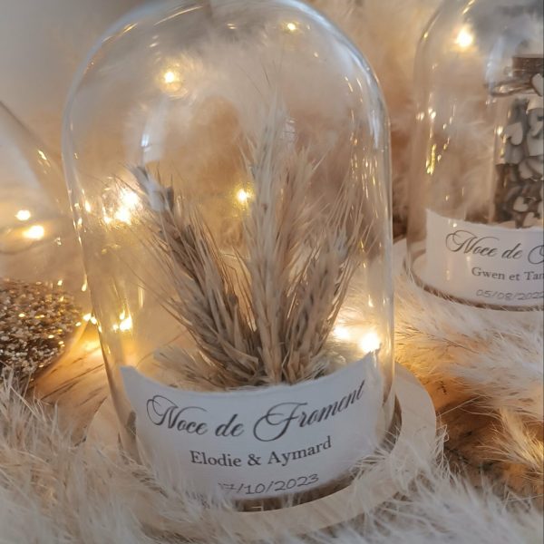 cloche en verre avec épis de blé , noce de froment, 3 ans de mariage cadeau mariage idée cadeau de mariage , noce d'étain dôme en verre personnalisé avec message cadeau anni mariage bride